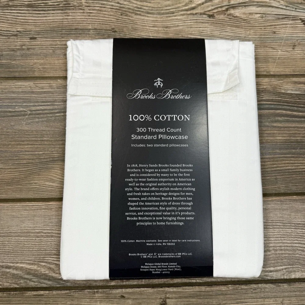 Brooks Brothers 300 TC Sateen Shadow Stripe Pillowcases White Standard Queen NWT